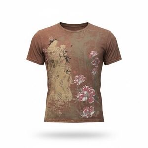 Ring of Fire Mens T Shirt XL Japanese Geisha Floral Y2K Retro Distressed Brown